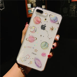 Bling Glitter Planet Case for iPhone 14 13 12 11 Pro XS Max XR X 6 6S 7 8 Plus SE 2020 Soft Silicone Cover Universe Moon Stars Phone Case