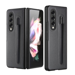 Fashion Lychee Pen Slot Case for Samsung Galaxy Z Fold 4 3 PU+PC Leather Pattern Cover Anti-knock luxury Cases for Fold3 F9260