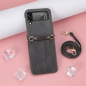 Lanyard Integrated Shockproof Card Slot Leather Case for Samsung Galaxy Z Flip 3 4 Flip3 5G Anti-Scratch Protective Phone Cover