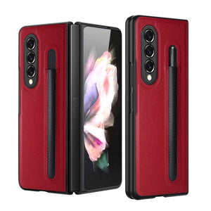 Fashion Lychee Pen Slot Case for Samsung Galaxy Z Fold 4 3 PU+PC Leather Pattern Cover Anti-knock luxury Cases for Fold3 F9260
