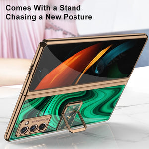 Luxury Plating Tempered Glass Case For Samsung Galaxy Z Fold 2 3 Case With Ring Stand Protection Cover For Galaxy Z Fold 2 3