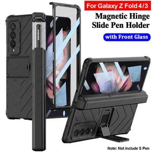 Capa For Samsung Galaxy Z Fold 3 4 Fold3 Fold4 5G Case Magnetic Hinge Slide Pen Slot Front Glass Film Kickstand Hard PC Cover