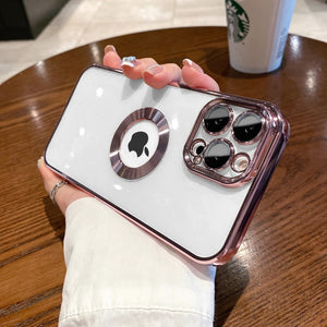 Luxury Logo Hole Soft Silicone Transparent Case for iPhone 14 13 12 11 Pro Max XR XS X 7 8 Plus Lens Protection Plating Clear Cover