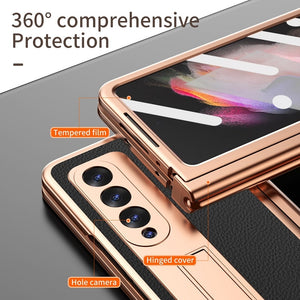 Touch Pen With 2 Pcs Hinge Protection Case for Samsung Galaxy Z Fold 4 3 2 5G Plating Pen Slot Kickstand Cover With Screen Glass