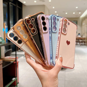 Luxury Plating Phone Case For Samsung Galaxy S22 Ultra S21 S20 FE A53 A13 5G A52 A12 Love Heart Shockproof Back Cover Fundas