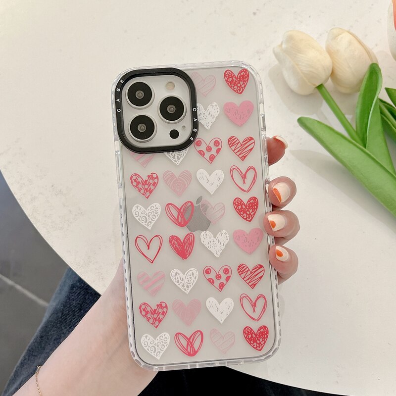Cute Pink Oil Painting Watercolor Love Heart Phone Case For iPhone 11 12 13 Pro Xs Max X Xr 7 8 Puls SE 2 Shockproof Soft Cover