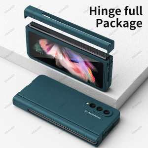 For Samsung Galaxy Z Fold 3 Hinge Case with Pen Slot Holder for Samsung Z Fold 4 3 2 5G Hinge Case with Front Screen Glass Film