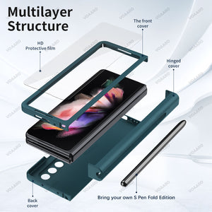For Samsung Galaxy Z Fold 3 Hinge Case with Pen Slot Holder for Samsung Z Fold 4 3 2 5G Hinge Case with Front Screen Glass Film