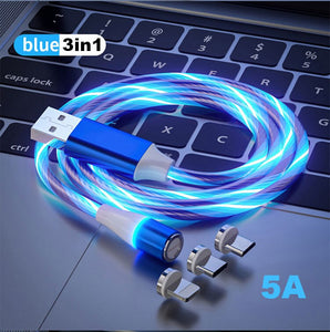 3In1 Magnetic Current Luminous Lighting Charging Mobile Phone Cable Cable for Iphone 13 Micro USB Type C Fast Charger Cable