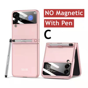 Case for Samsung Galaxy Z Flip 3 4 Magnetic Hinge Full Protection Cover Camera Glass Hard Plastic Back Ring Case With Touch Pen
