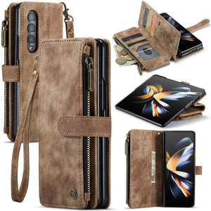 for Samsung Galaxy Z Fold 3/4 Wallet Case,Durable PU Leather Magnetic Wallet Flip Lanyard Strap Wristlet Zipper Card Holder Case