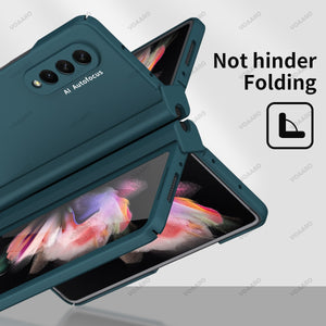 For Samsung Galaxy Z Fold 3 Hinge Case with Pen Slot Holder for Samsung Z Fold 4 3 2 5G Hinge Case with Front Screen Glass Film