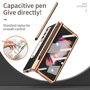 Touch Pen With 2 Pcs Hinge Protection Case for Samsung Galaxy Z Fold 4 3 2 5G Plating Pen Slot Kickstand Cover With Screen Glass