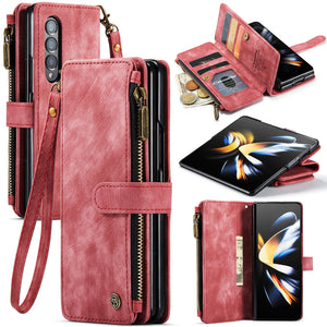 for Samsung Galaxy Z Fold 3/4 Wallet Case,Durable PU Leather Magnetic Wallet Flip Lanyard Strap Wristlet Zipper Card Holder Case